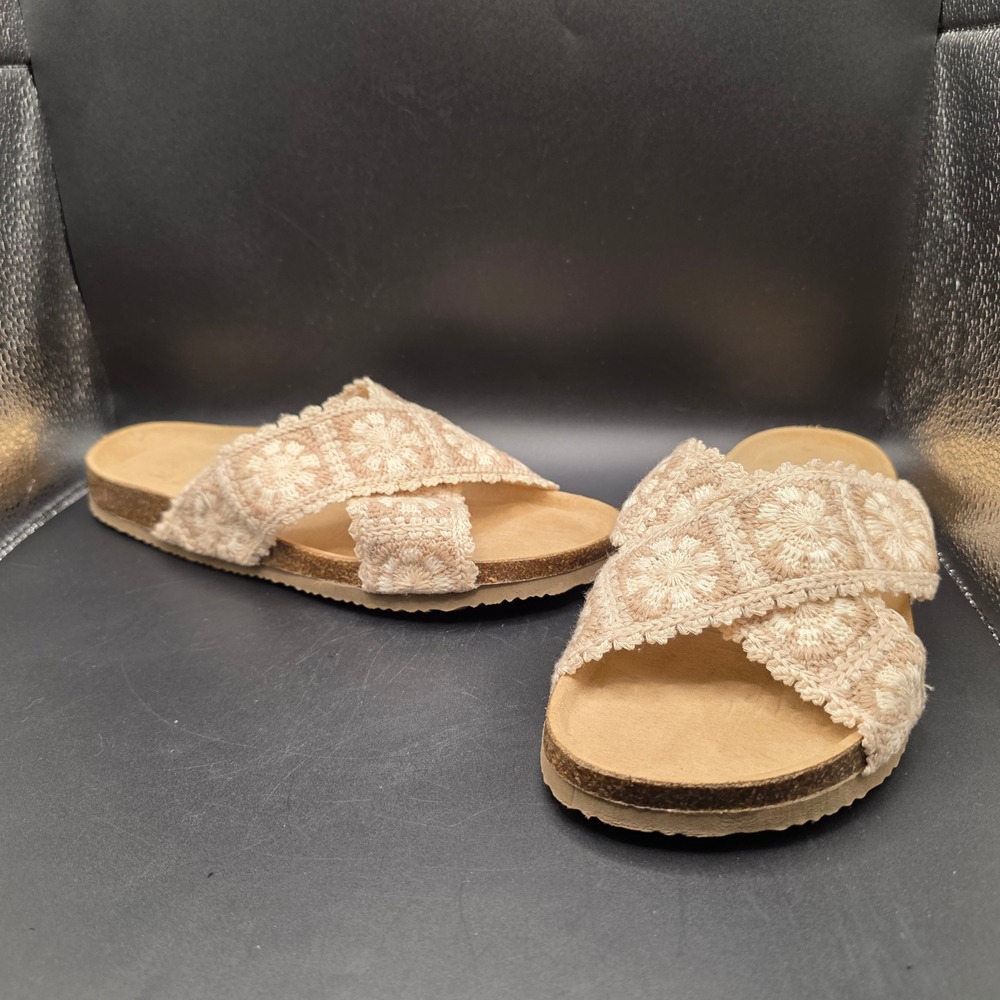 Haute Hippie Crochet Floral Crisscross Slide Sandals Tan Cream Boho Summer 8.5M - Picture 1 of 9